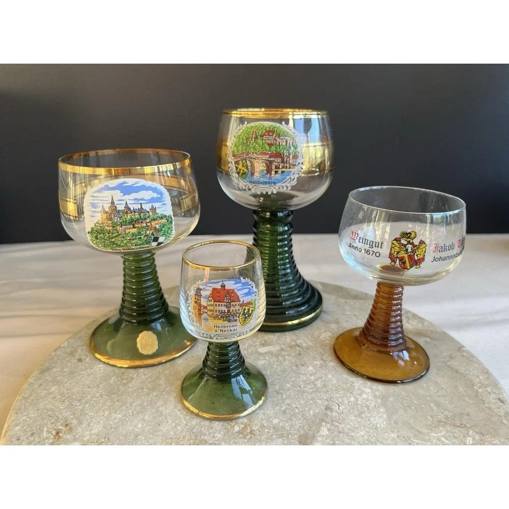 Luminarc France Set of 4  Emerald Green /Orange Beehive Stem Cordials Goblets